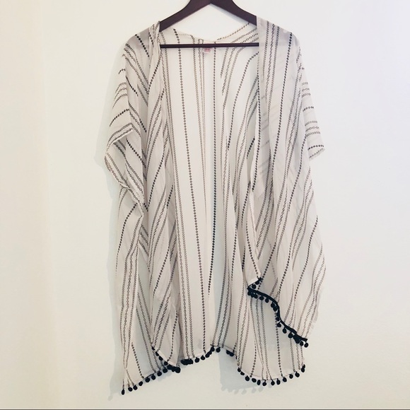 Other - White Kimono with Black Pom Pom Fringe